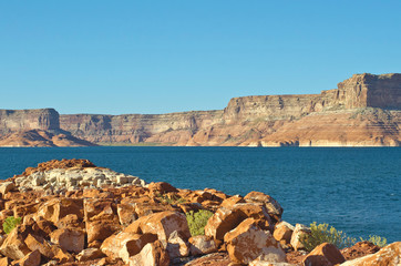 The long rocky red stone canyon in the wide open lake powell canyon. 