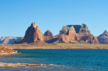 The wide view of the red rock towers in the powell landscape. 