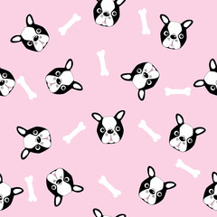 Boston terrier cute heads, fashionable seamless pattern. Perfect for textile, wallpaper, wrapping paper, hand drawn vector design.
