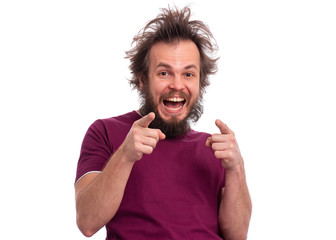 Portrait of happy smiling bearded man laughing at you, pointing finger to camera. Crazy male with funny haircut isolated on white background. Man looking at camera and laughs with a good joke.