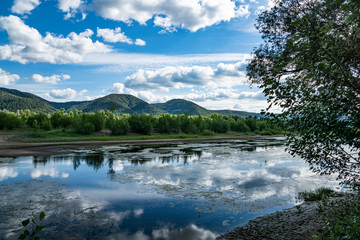 summer, warm, clear, serene, day, trip, journey, walk, vacation, nature, flora, landscape, landscape, mountains, greenery, forest, trees, thickets, grass, grasses, shade, from, sun, river, water, ripp