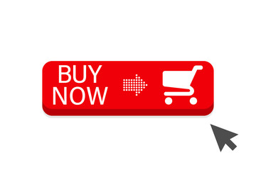 Buy Now red button with cursor in flat design. Button Buy Now vector icon. Buy now button onwhite background