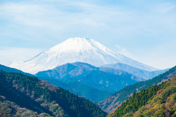 Majestic mount Fuji with foreground of montains and forest. Copy space on top.