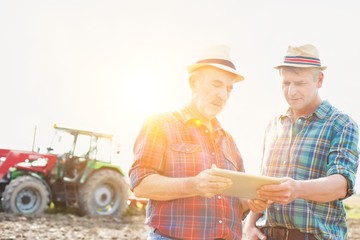 Farmers discussing over digital tablet in field with yellow lens flare in background