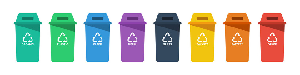 Separation concept. Set of color recycle bin icons in trendy flat style, isolated on white background. Green blue violet black yellow orange and red recycle bins with recycle symbol. Vector - obrazy, fototapety, plakaty