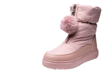 female pink boot, on a white background, winter or autumn shoes, isolate