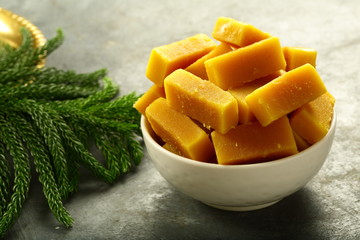 Bowl of famous Indian milk peda, delicious Indian street foods.