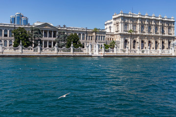 Panorama from Bosporus to Dolmabahce Palace city of Istanbul