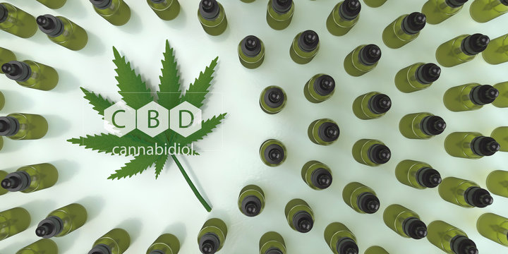 CBD, Cannabidiol oil bottles with a hemp leaf. 3d illustration.