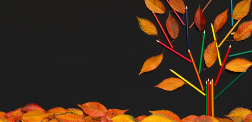 Bright autumn creative tree on background with fallen leaves