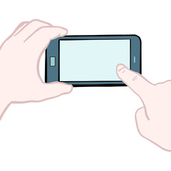 colored vector illustration of two hands holding a smartphone across and pointing or pushing on it. screen, gesture, isolated, blank.