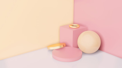 Sphere, cylinders, ring in pink, gold and peach colors.