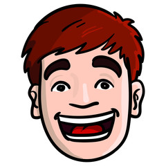 colored illustrated face of a laughing young man with short hair. open mouth, teeth, outline, vector, illustration, happy, emotion, brown hair, fair skin.
