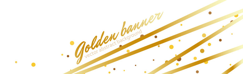 Gold glitter template banner with ribbons. Shiny luxury vector with golden elements on white background