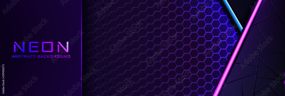 Poster abstract neon background with violet light, line and texture. vector banner design in dark night col