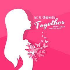 Breast cancer awareness month banner with abstract butterfly fly out of the breast and we are stronger together text vector design