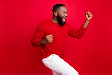 Portrait of his he nice attractive cheerful cheery ecstatic dreamy satisfied glad bearded guy fan...