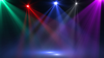 abstract of empty stage with colorful spotlights or Several bright projectors for scene lighting effects . can be used for display or montage your products