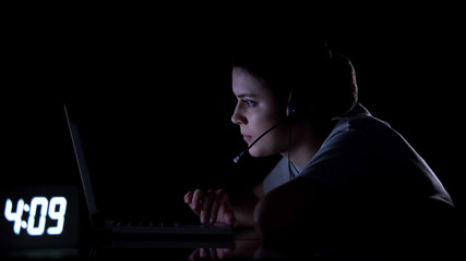Client support female employee working at night shift, unhealthy life regime