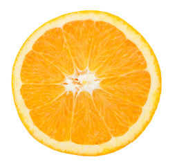 Top view of textured ripe slice of orange citrus fruit isolated on white background. 