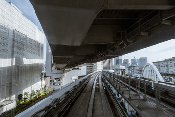 Cityscape from monorail sky train in Tokyo