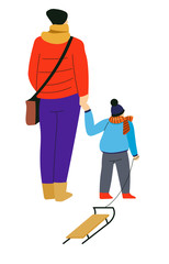 Winter outdoor activity, parent and kid, sled or sleigh