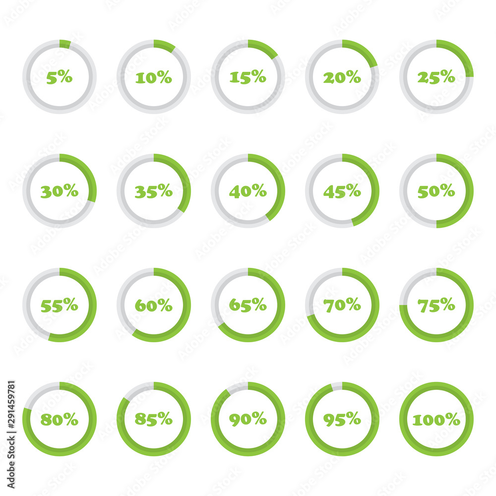 Poster Set of circle percentage diagrams from 5 to 100 for infographics on a white background