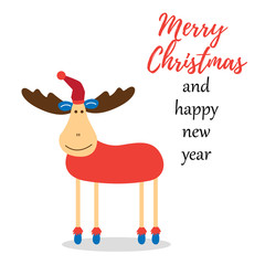 Christmas character deer. Happy New Year and Merry Christmas. Deer in a hat with a pumpkin. Vector editable illustration