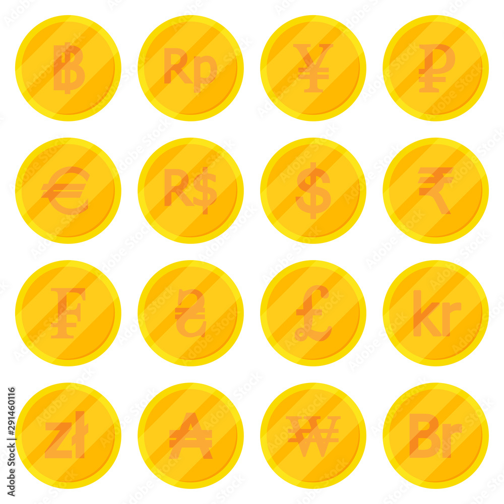 Poster Set of golden coins in different currency in a flat design