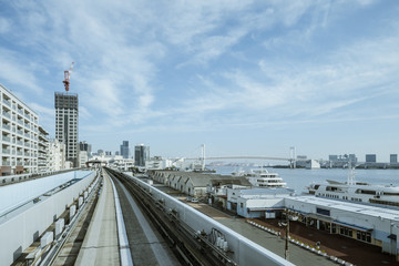 Cityscape from monorail sky train in Tokyo