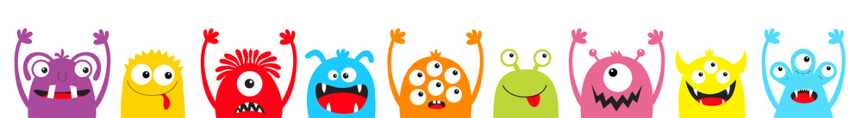 Monster colorful silhouette head face icon set line. Happy Halloween. Eyes, tongue, tooth fang, hands up. Cute cartoon kawaii scary funny baby character. White background. Flat design. © worldofvector