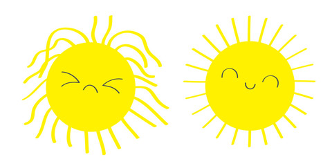 Sleepy Wake up sun shining icon set. Kawaii face with different emotions. Before After. Cute cartoon funny sad happy character. Hello summer. White background. Isolated. Baby collection. Flat design.