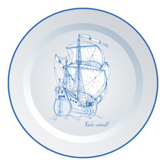 Vintage ship sailboat. The image on decorative wall plate. The interior decoration in the style of Dutch ceramics.
