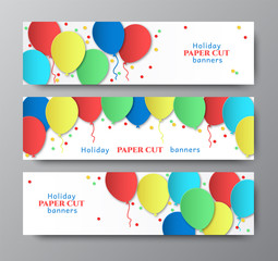 Horizontal banners with balloons and confetti. Design paper cut. Congratulations on the holidays. Greeting card template. Place for text. Vector
