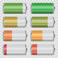 Big set of battery charge indicators on a transparent background