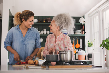 Senior adult woman cooking a meal with daughter