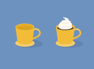 Cup of Coffee on  blue background. Empty and full. Flat vector illustration.