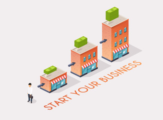 Businessman starts his own business. Isometric flat design modern vector illustration concept.