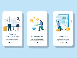 Finance management mobile app onboarding screens vector template