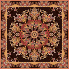 Beautiful bandana print with ornamental frame and mandala flower. Indian, arabian, turkish motifs.