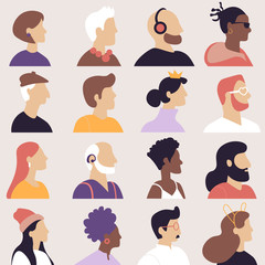 Set of avatars in flat design style. Icons people in profile of different ages and nationalities. Vector illustration.
