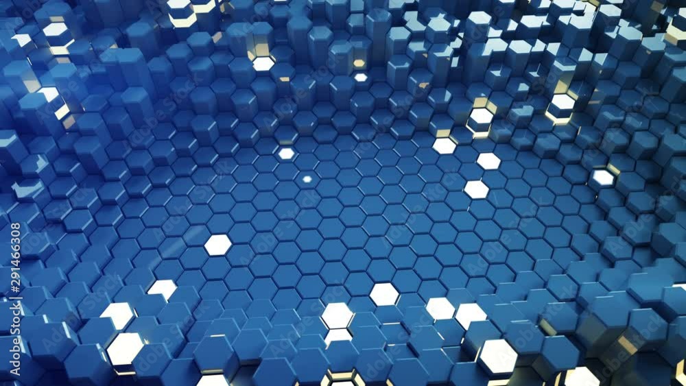 Wall mural blue glossy and glowing hexagon shapes. futuristic technology honeycomb structure. 3d render seamles
