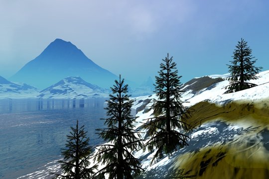 Coniferous trees, an alpine landscape, snow on the ground and a big mountain in the background.