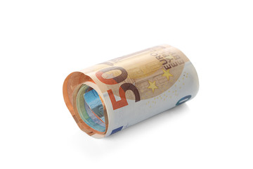 bunch of euro currency banknotes isolated on white background with clipping path and copy space for your text