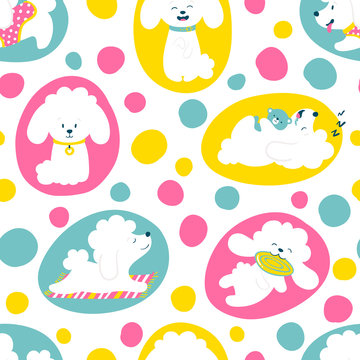 Puppies Seamless pattern . Funny white little poodle dogs in a daily routine. Vector illustration on a colorful background.