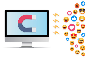 Computer monitor with magnet attracts emoticons, likes in a flat design