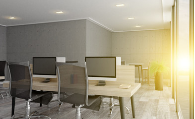 Large spacious office with concrete walls. Open space. Sunset. 3D rendering