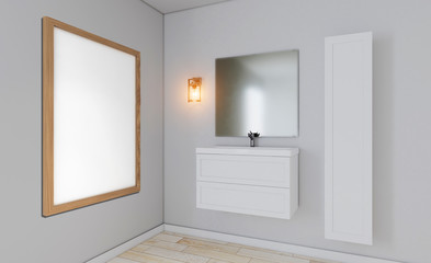 Naklejka na ściany i meble bathroom in a minimalist style. room in gray tones. foggy mirror. 3D rendering. Blank paintings. Mockup.