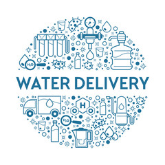 Fototapeta premium Truck and bottles or gallons, water delivery service, drinking liquid supply