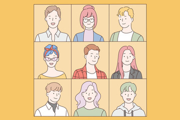 Collage, collection, variety, people set. Selection of a diversity of emotional male and female faces portraits. Young happy men and women, students or colleagues in a joint photo. Simple flat vector.
